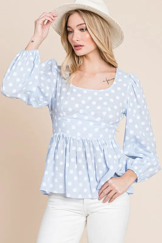 Lime 'N' Chili Polka Dot Print Balloon Sleeve Babydoll Peplum Top