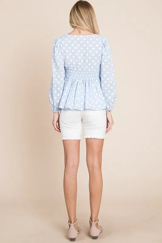 Lime 'N' Chili Polka Dot Print Balloon Sleeve Babydoll Peplum Top