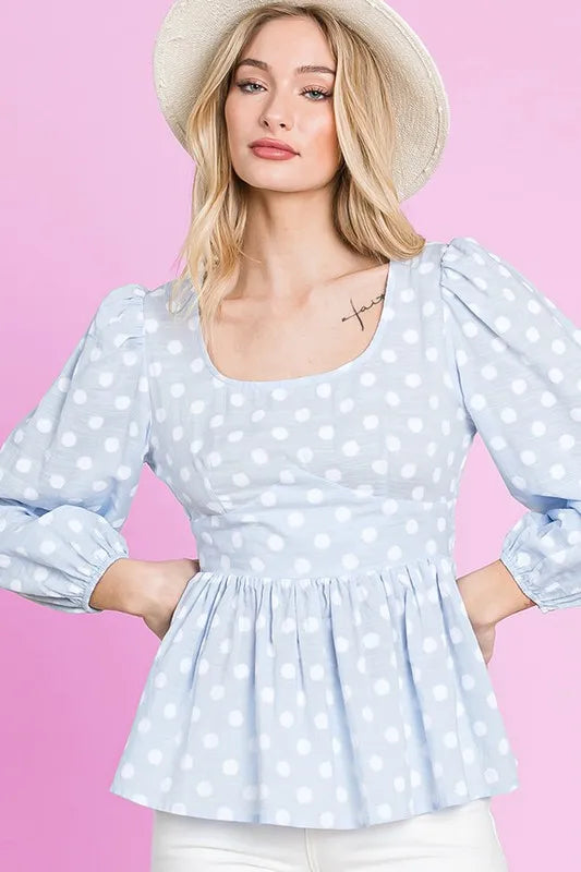Lime 'N' Chili Polka Dot Print Balloon Sleeve Babydoll Peplum Top