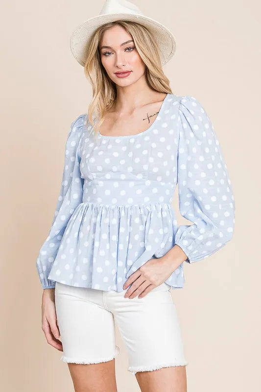 Lime 'N' Chili Polka Dot Print Balloon Sleeve Babydoll Peplum Top
