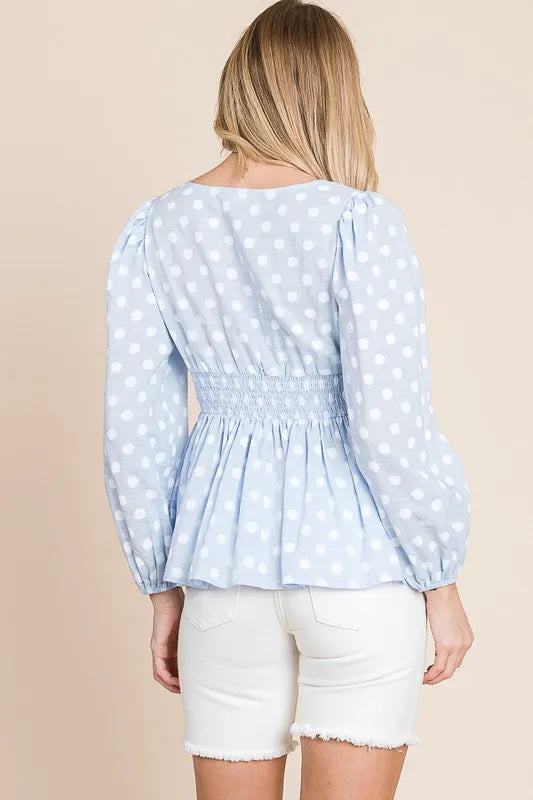 Lime 'N' Chili Polka Dot Print Balloon Sleeve Babydoll Peplum Top