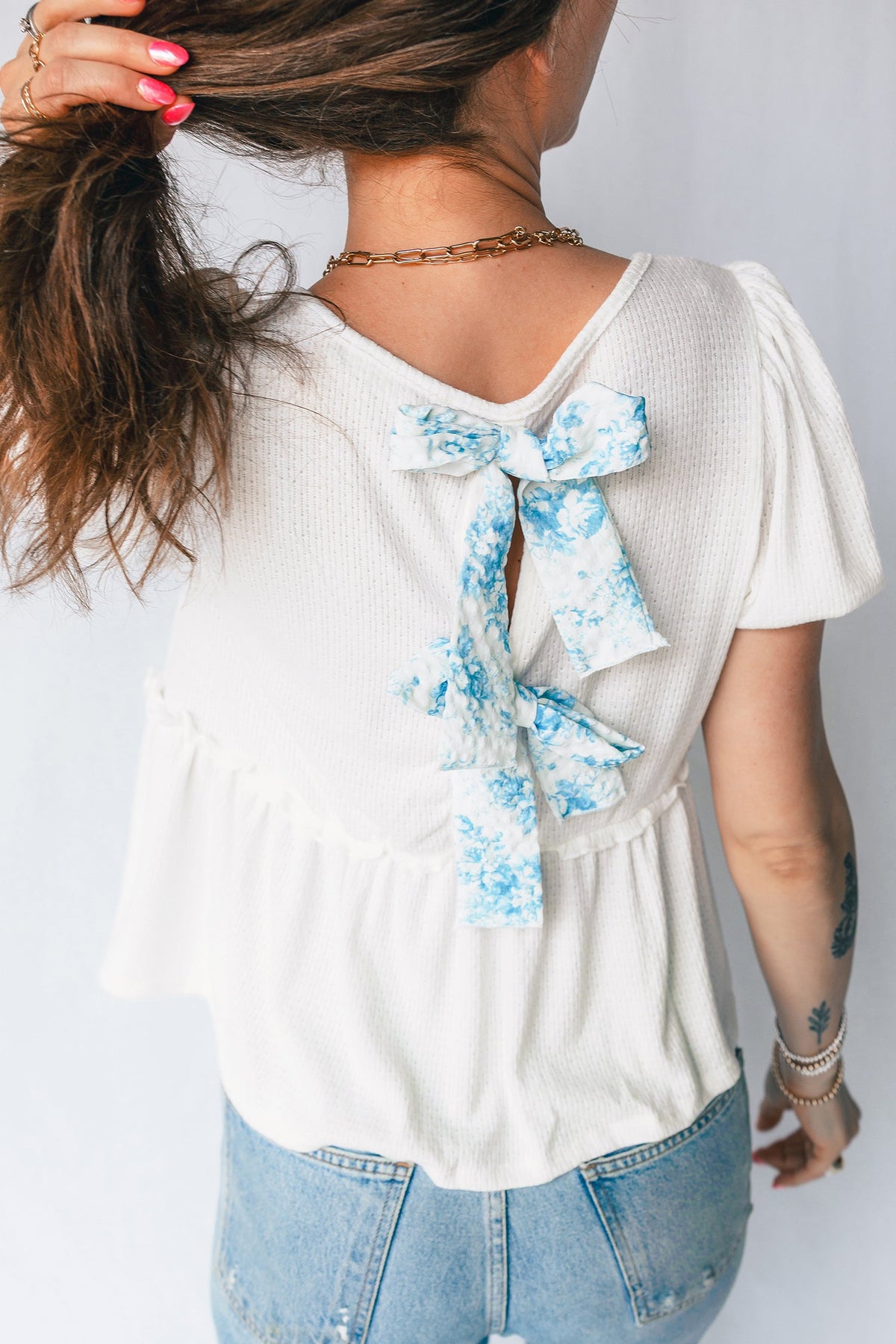White Textured Knit V Neck Short Bubble Sleeve Peplum Top