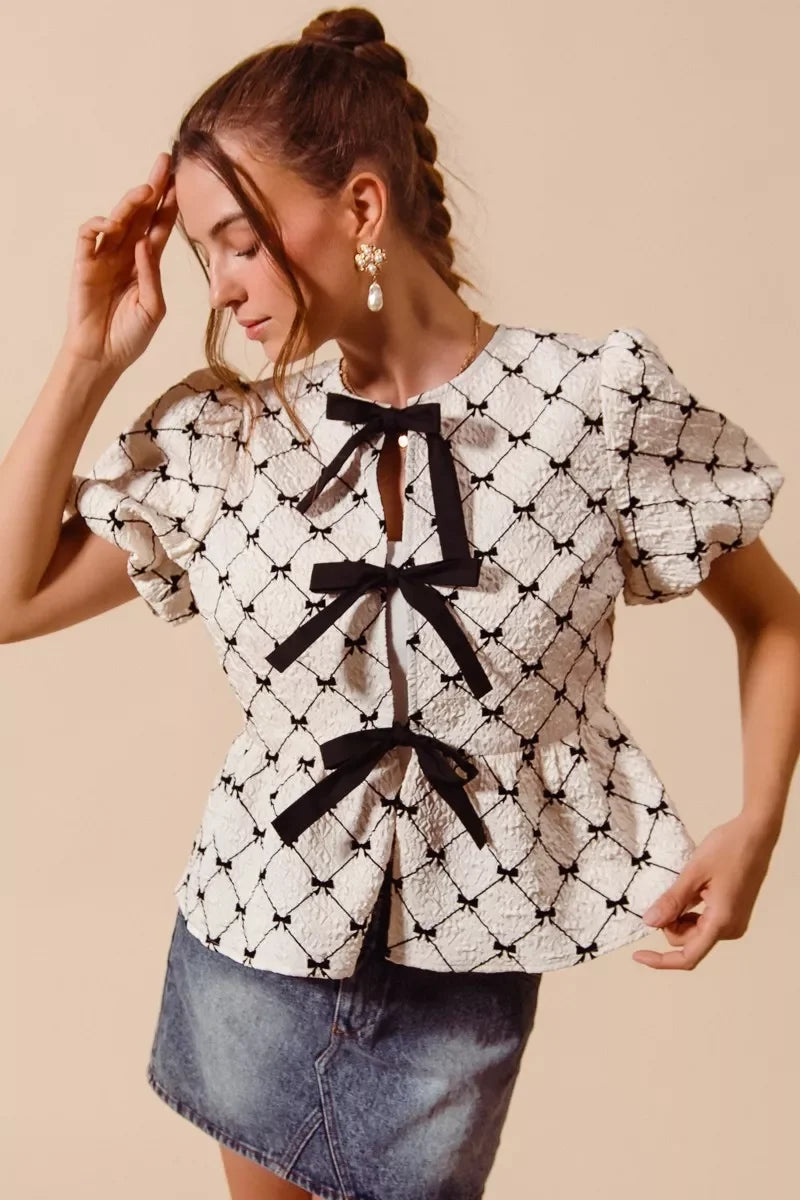 SO ME Bow Texture Woven Peplum Top With Contrast Tie