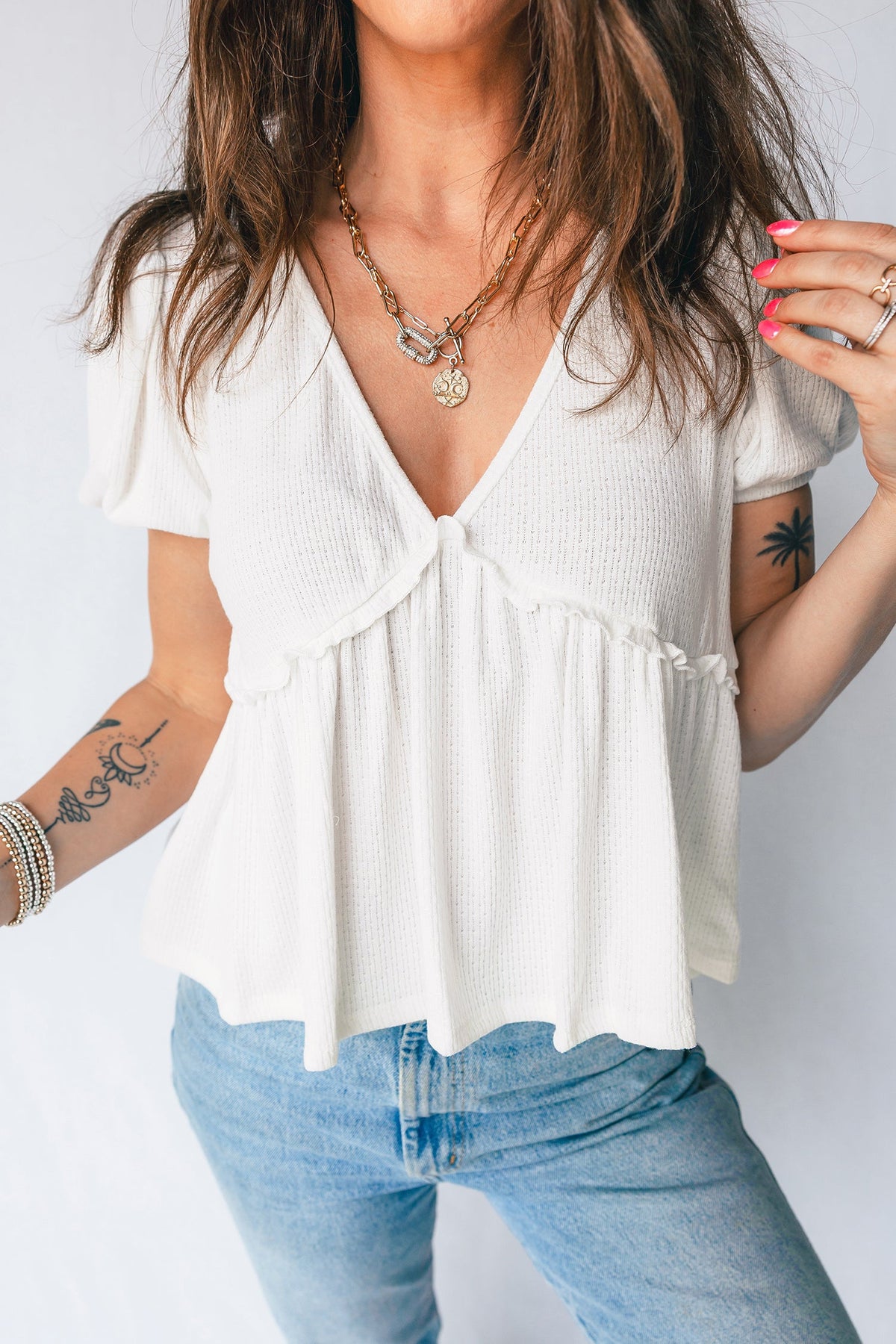 White Textured Knit V Neck Short Bubble Sleeve Peplum Top